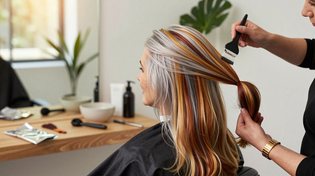 Femeie cu păr colorat, vopsit în nuanțe multiple, la salon de coafură, în timp ce stilistul aplică vopsea cu pensula.