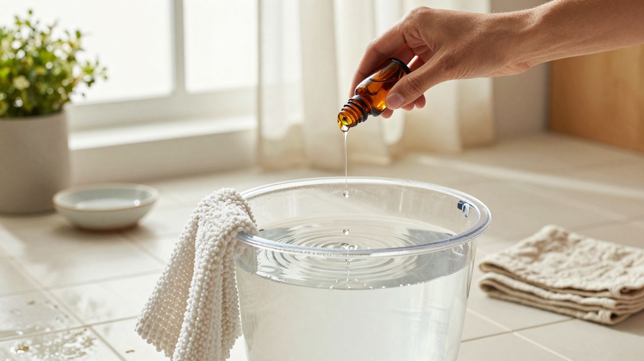 Mână turnând lichid dintr-o sticluță maro într-o găleată cu apă, cârpă albă pe margine, pe o masă albă.