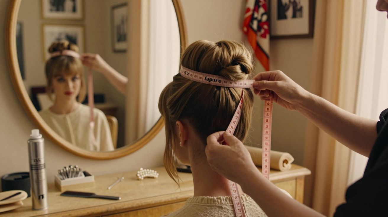 Femeie privind în oglindă, coafură sofisticată, în timp ce cineva îi măsoară circumferința capului cu un metru.