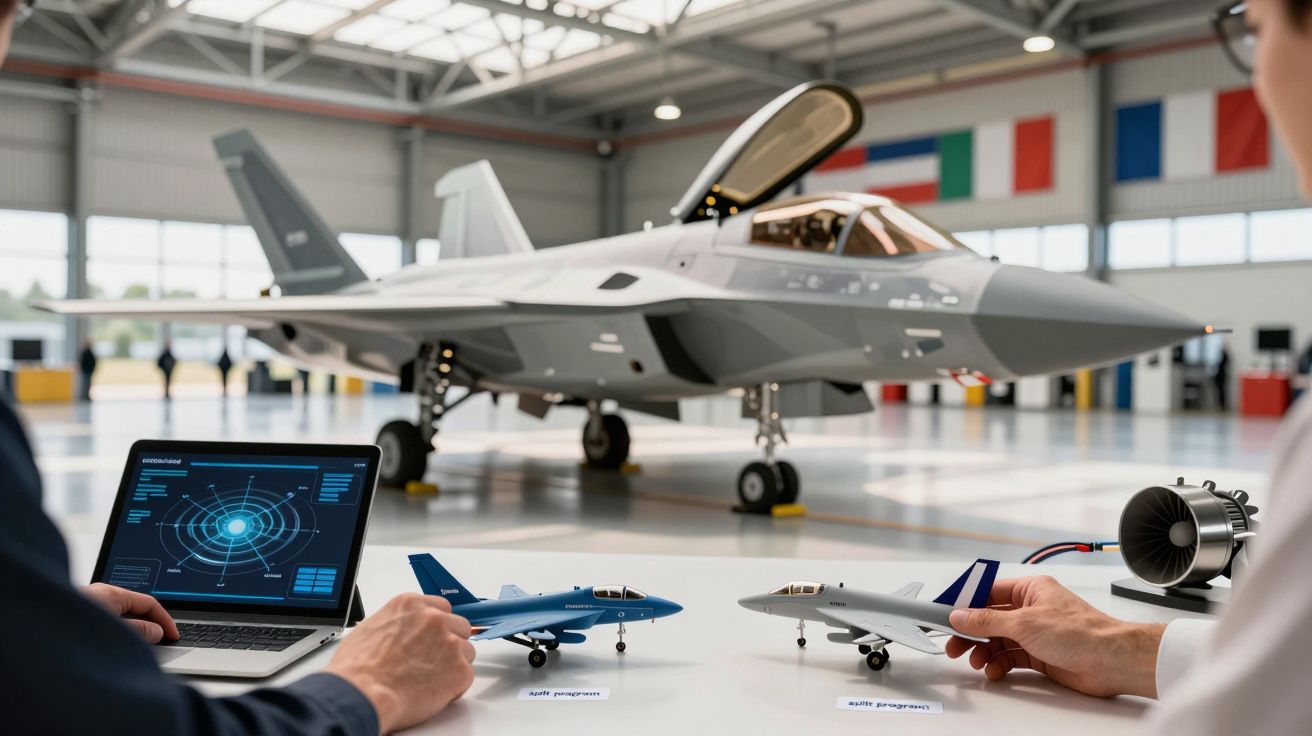 Model experimental de avion de vânătoare pe o masă, persoane analizând date pe laptop, hangar aerian în fundal.