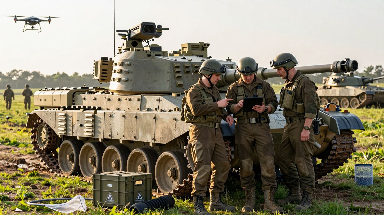 Trei soldați în echipament militar discută lângă un tanc, cu un drone în zbor și alți soldați pe fundal.