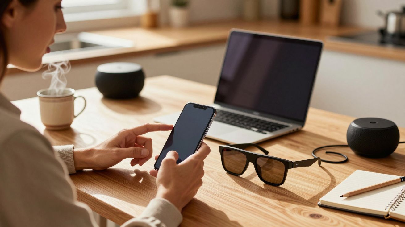 Persoană folosind un smartphone la birou cu laptop deschis, cești de cafea și ochelari pe masă.