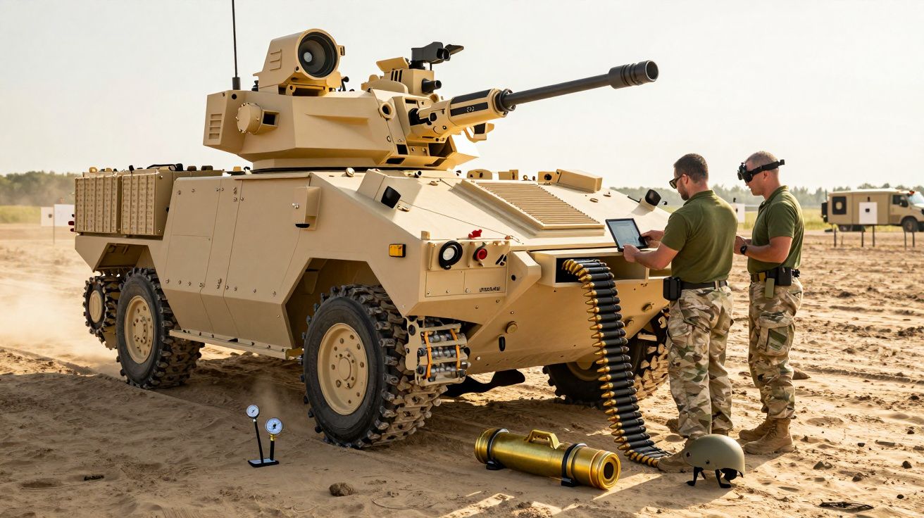 Vehicul militar blindat pe teren nisipos, cu doi militari care folosesc un laptop lângă el.