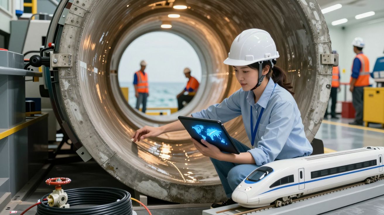 Inginer cu tabletă inspectează echipamente industriale, cu machetă tren în față și muncitori în fundal.
