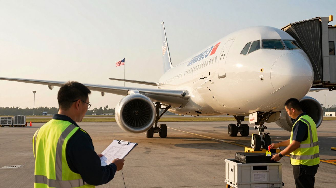 Avion la poarta de îmbarcare, doi lucrători verificând echipamentele; steagul SUA în fundal.