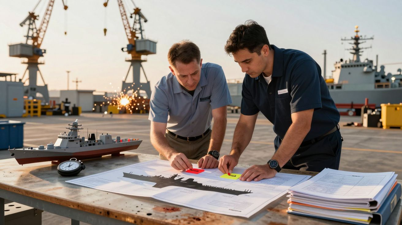 Doi bărbați analizând planuri de construcție navală pe un șantier, cu o machetă de navă și macarale în fundal.