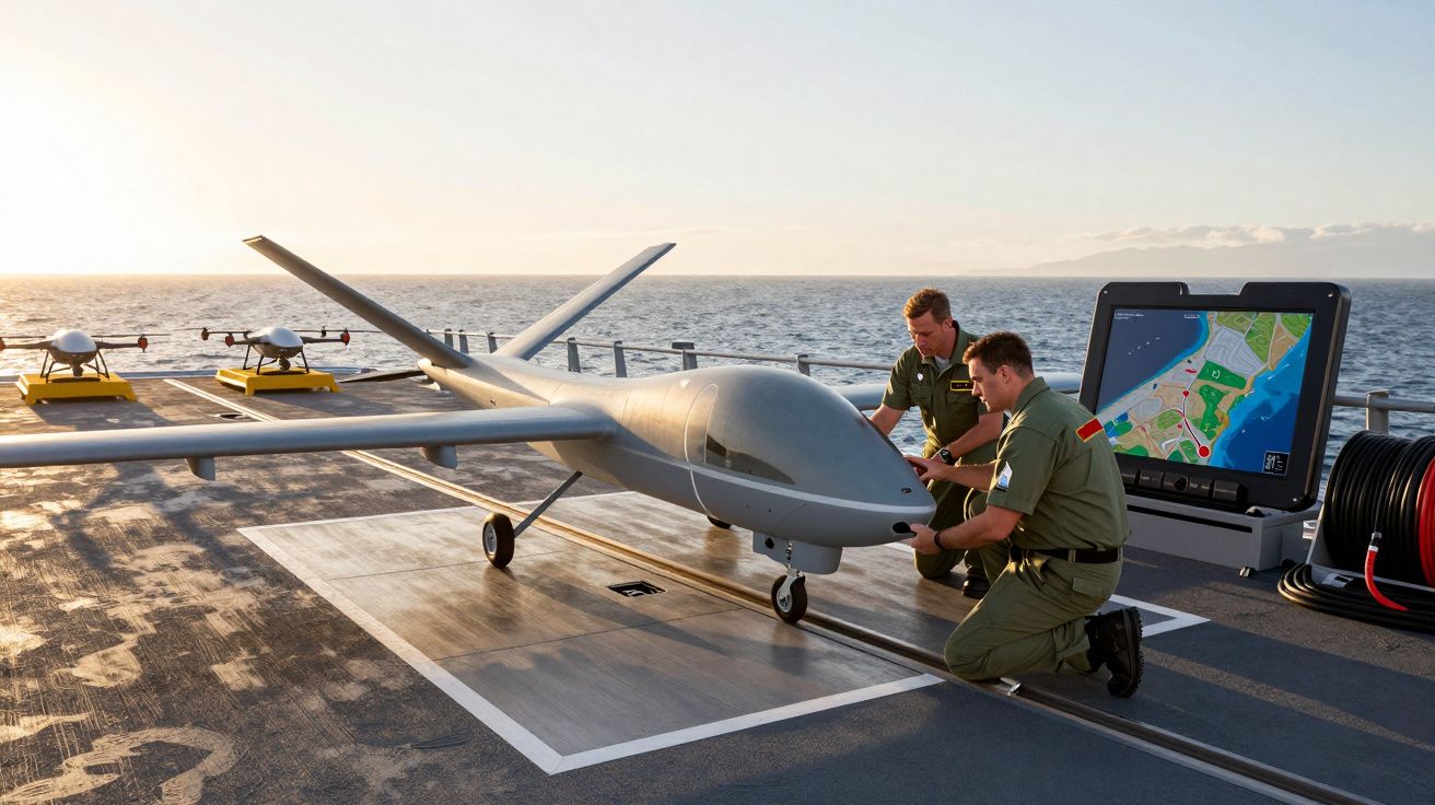 Doi militari pregătesc un avion fără pilot pe o navă, cu un ecran de navigație alături, la apus.