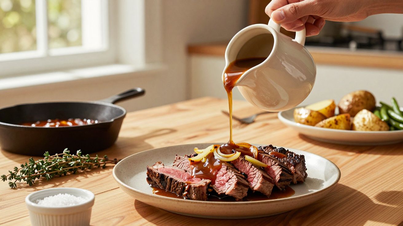 Friptură de vită feliată, servită cu sos turnat, pe farfurie. Lângă sunt cartofi și legume verzi.