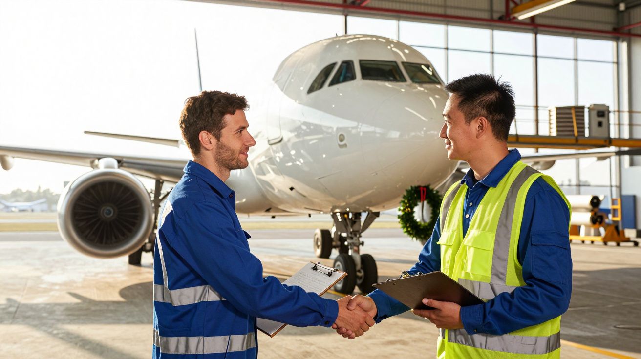 Doi tehnicieni de aviație în salopete albastre dau mâna în fața unui avion în hangar.
