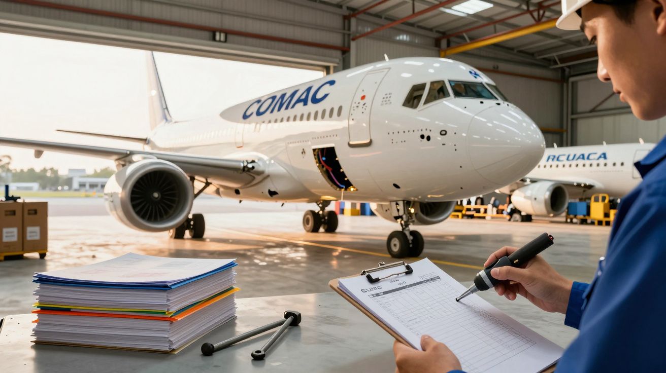 Avion COMAC într-un hangar, cu un tehnician verificând documente pe clipboard lângă un teanc de dosare colorate.