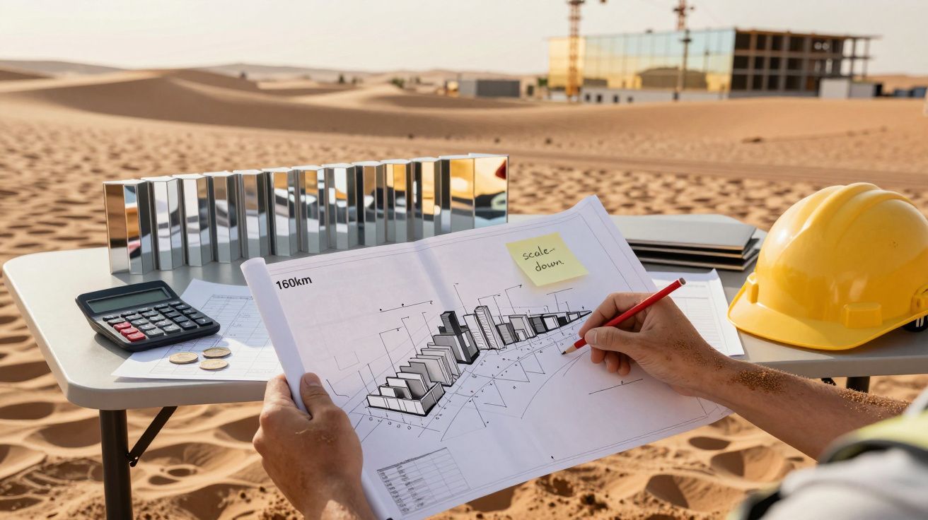 Persoană revizuind planuri arhitecturale pe șantier de construcție în deșert, cu căști, calculator și machetă mică.