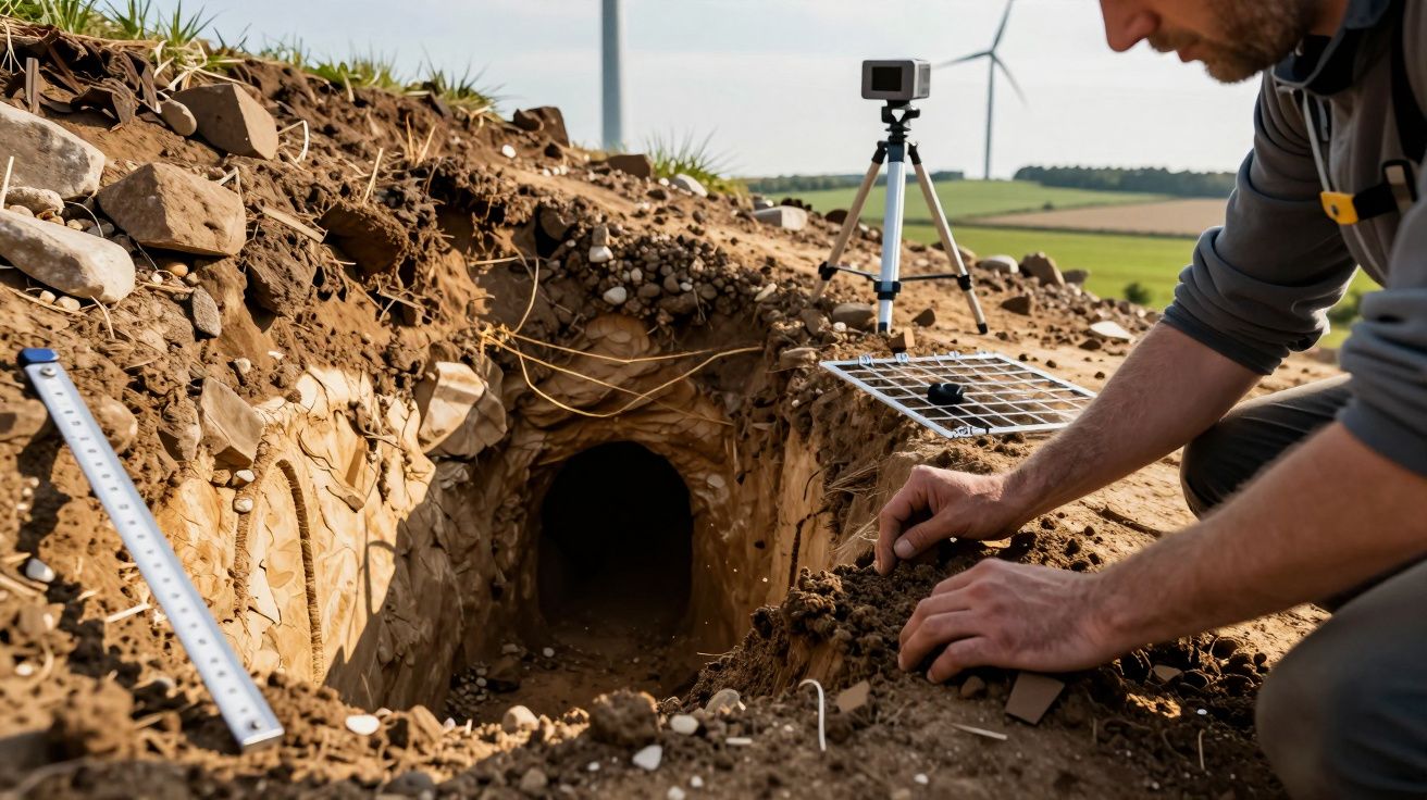 Bărbat în genunchi lângă o gaură mare în pământ, cu instrumente de măsură și o cameră pe trepied în apropiere.