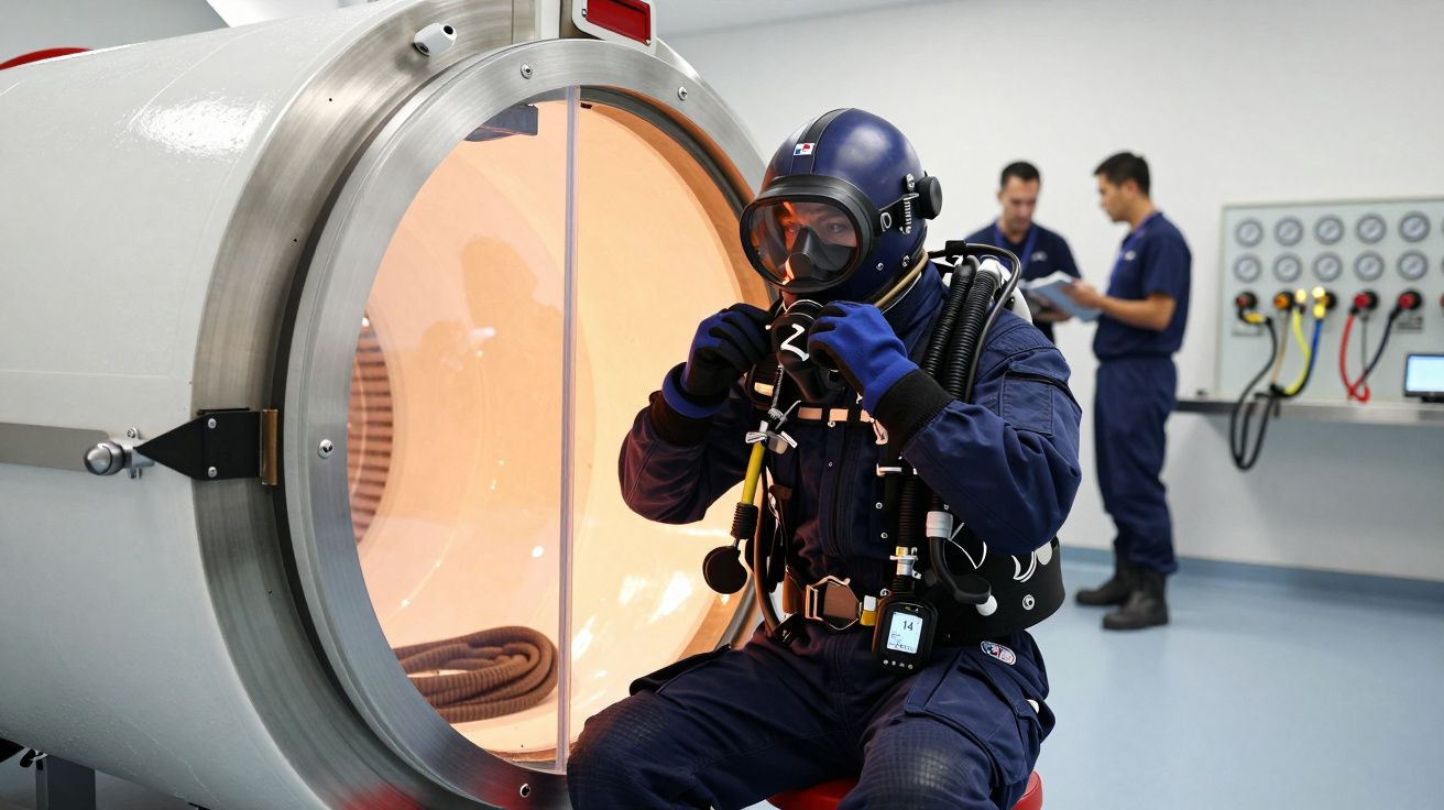 Persoană în costum de scafandru, pregătindu-se lângă o cameră de presiune, cu două persoane în fundal.