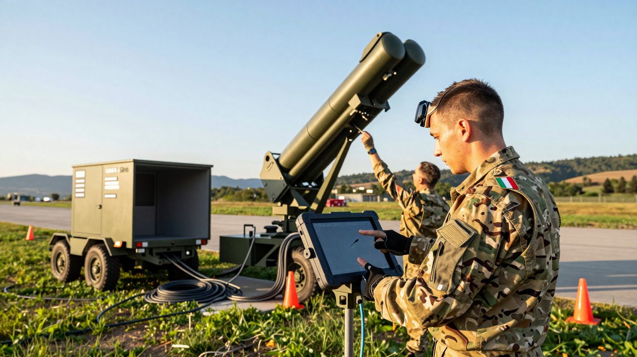 Militari operând un echipament tehnic pe un câmp, unul folosind o tabletă, celălalt ajustând un panou de control.