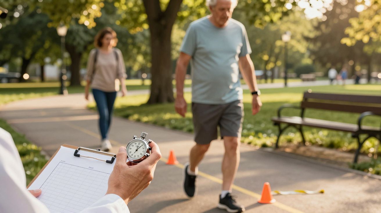 Un bărbat în vârstă merge printre jaloane în parc, cronometrat de un doctor cu un clipboard.