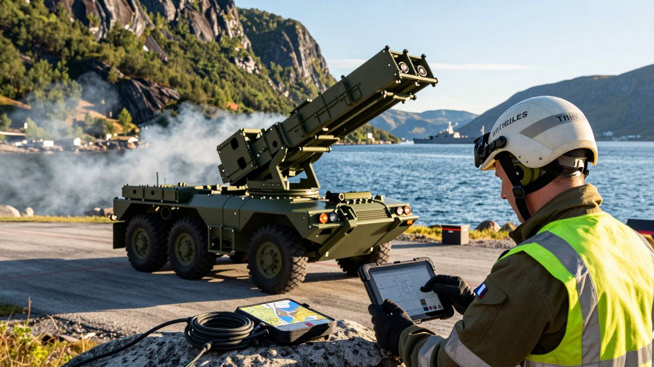 Persoană cu cască controlând un vehicul militar pe roți lângă un lac, înconjurat de munți.