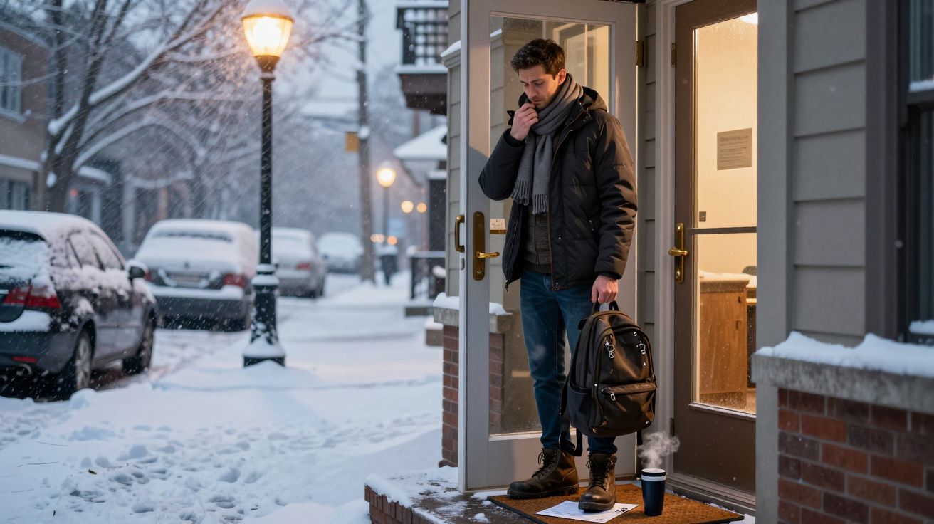 Bărbat cu rucsac stă în pragul unei uși deschise, cu zăpadă și mașini acoperite în fundal, ținând o cană de cafea.