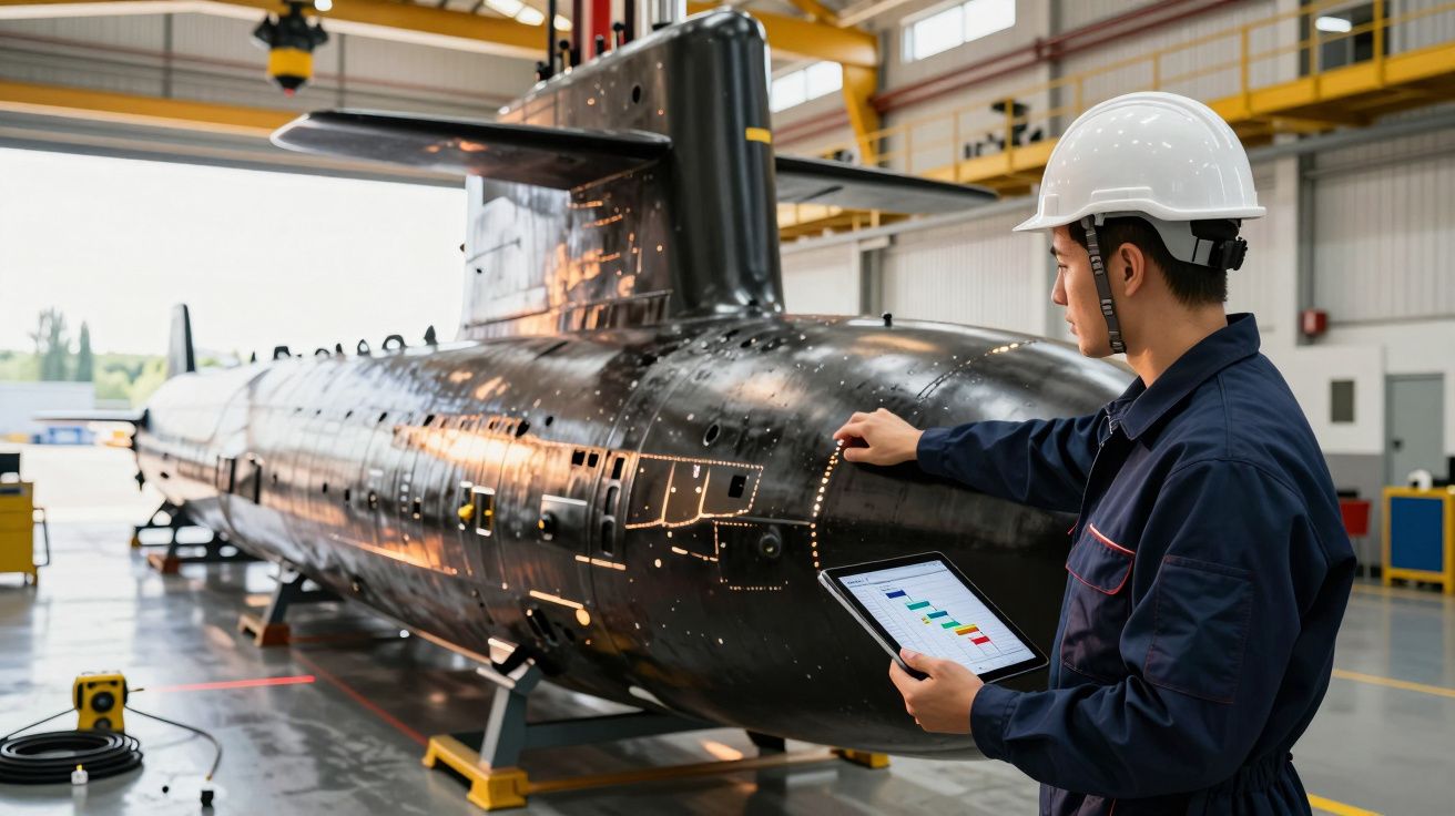 Un inginer inspectează un submarin într-un hangar, cu o tabletă în mână și o cască de protecție pe cap.