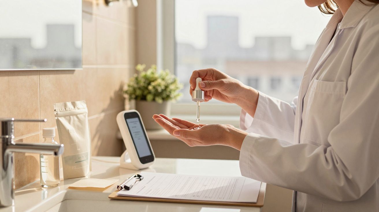 Persoană în halat alb aplică ser pe mână într-un mediu luminos de birou medical.