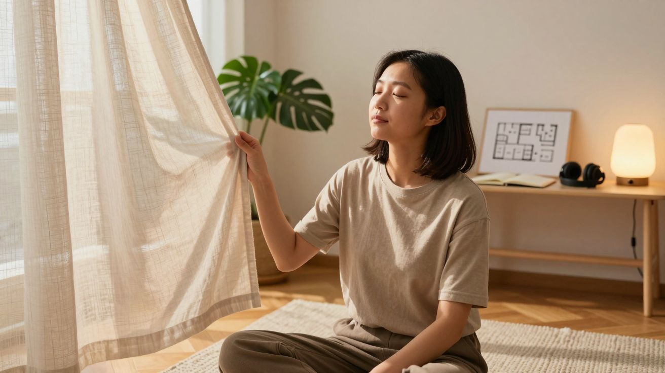 Femeie pe podea, atinge o perdea deschisă, într-o cameră luminoasă, decor minimalist cu plantă și lampă.