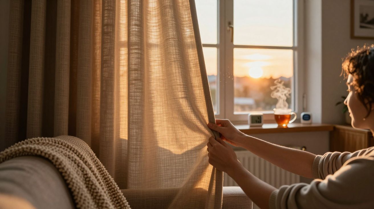 Femeie trage perdeaua, lumină de apus pătrunde, cană cu ceai aburind pe pervaz, atmosferă caldă și relaxantă.