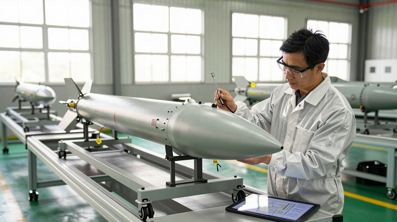 Bărbat în halat alb inspectează un dispozitiv mare pe o masă, cu altele similare în fundal, într-o fabrică luminată.