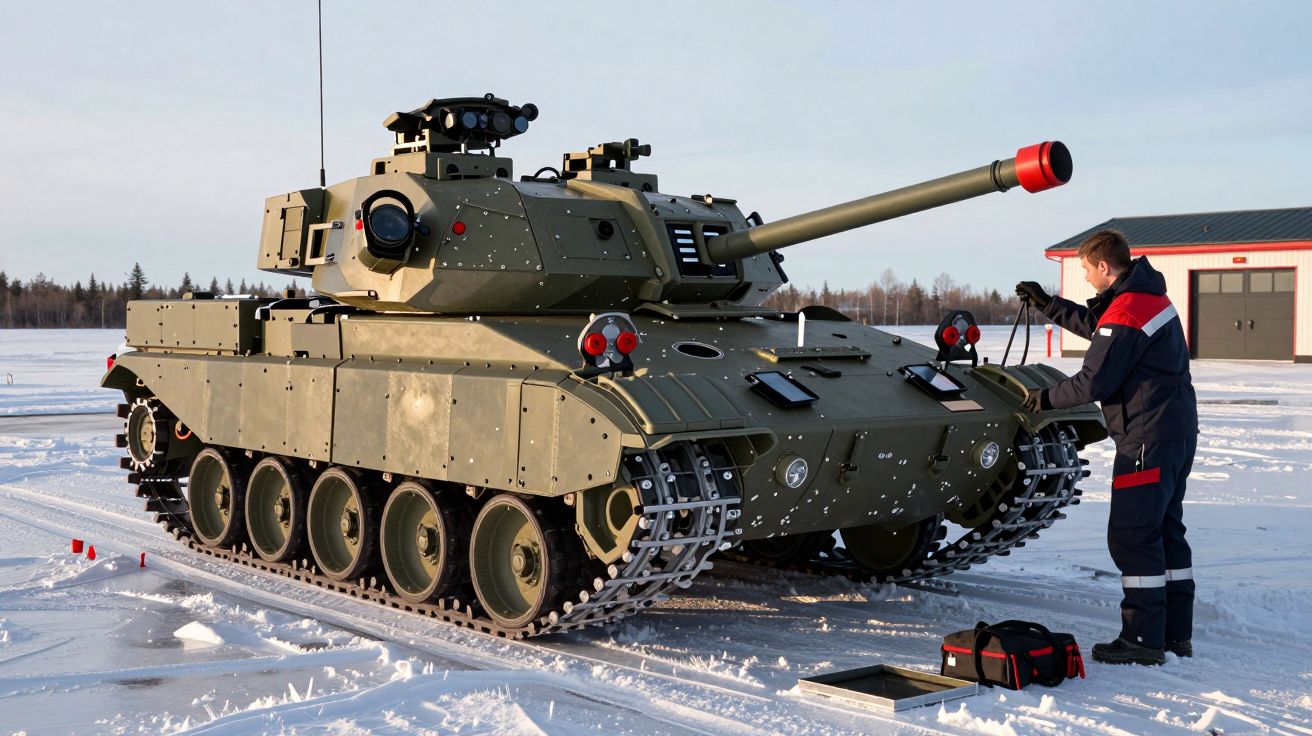 Un tanc verde pe un câmp de zăpadă, cu un bărbat care efectuează întreținere lângă el.