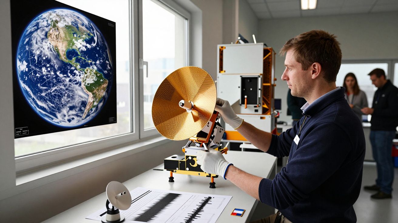 Bărbat analizând un model de satelit cu o imagine a Pământului în fundal, într-un laborator.