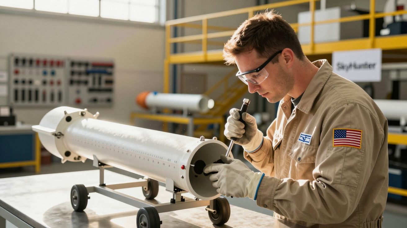 Bărbat cu ochelari de protecție inspectează un obiect cilindric alb în laborator industrial.