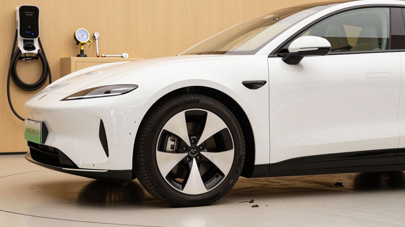 Prim plan al unei mașini albe electrice, cu roți negre, parcată într-un spațiu modern, cu un încărcător de perete.
