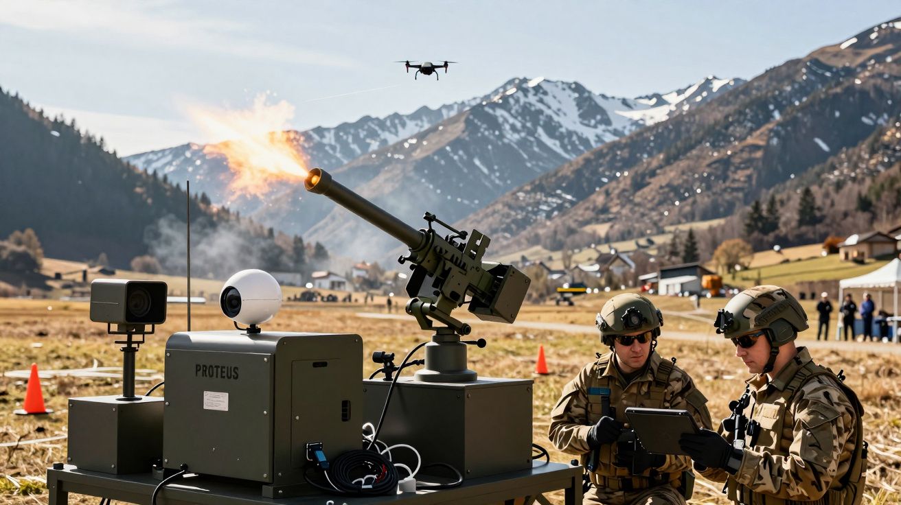 Demonstrație militară cu echipament antidrone și doi soldați într-un peisaj montan, dronă în zbor.