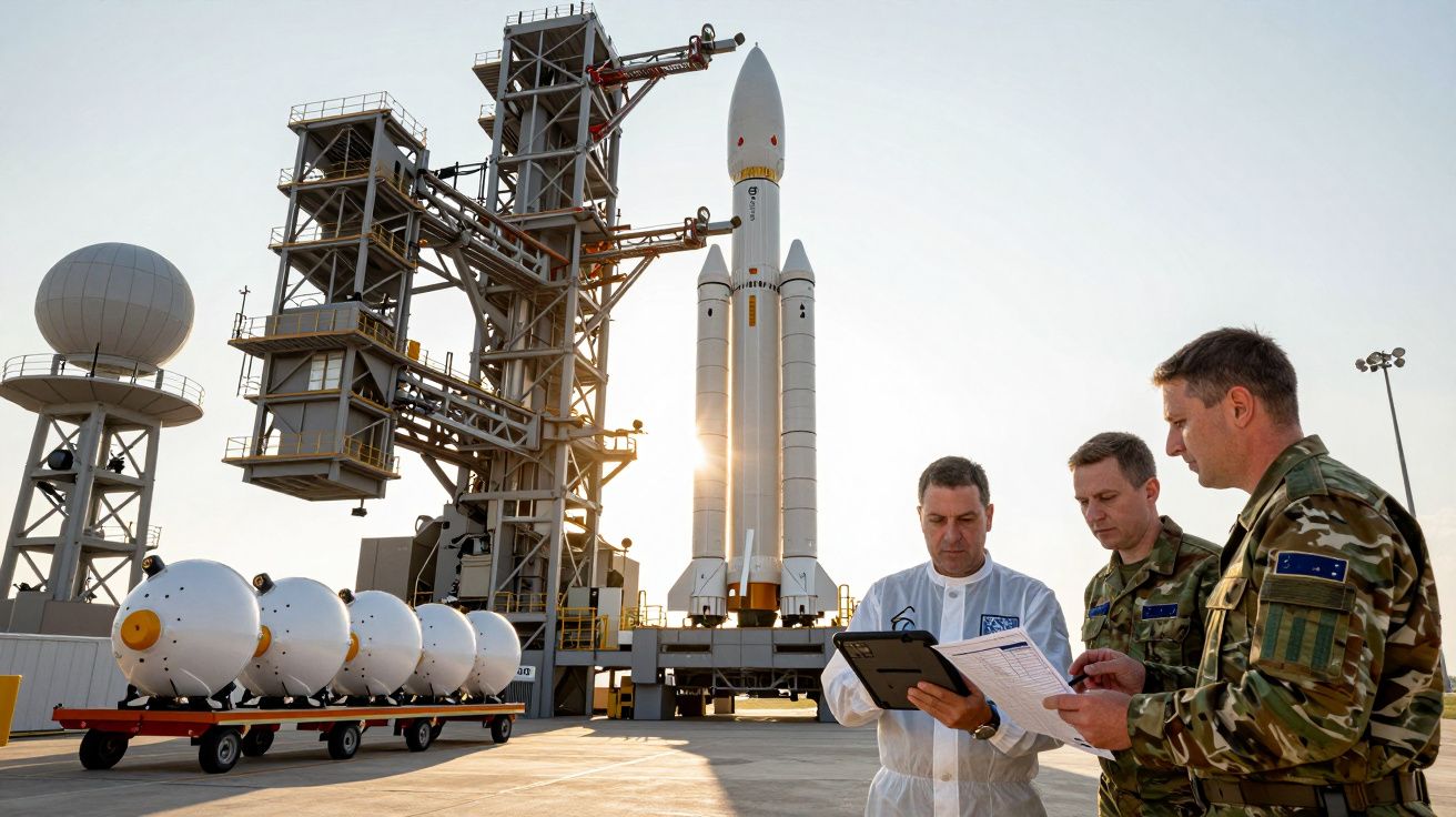 Trei bărbați discută lângă o rachetă spațială pe o platformă de lansare, cu echipamente tehnologice în fundal.