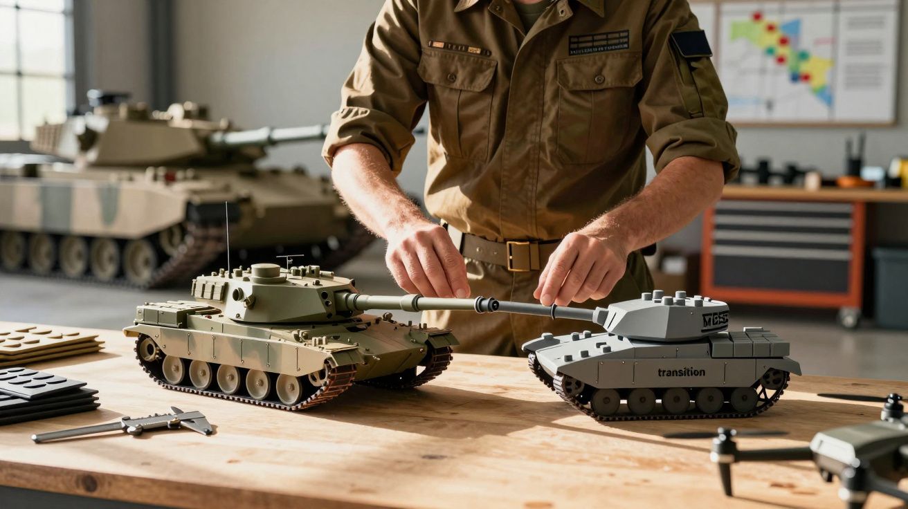 Persoană asamblând modele de tancuri din piese de construcție pe o masă de lucru, într-un atelier luminos.