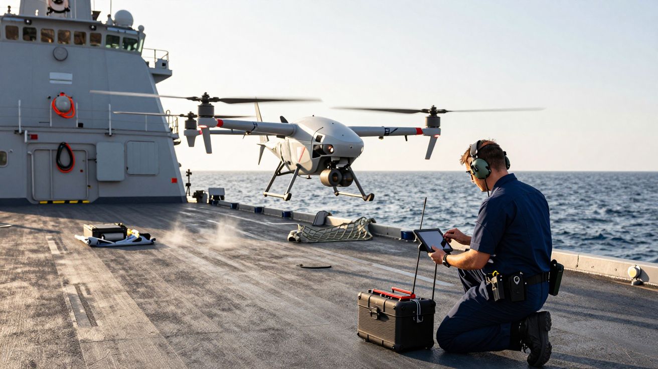 Operator care controlează o dronă deasupra unui portavion pe mare.