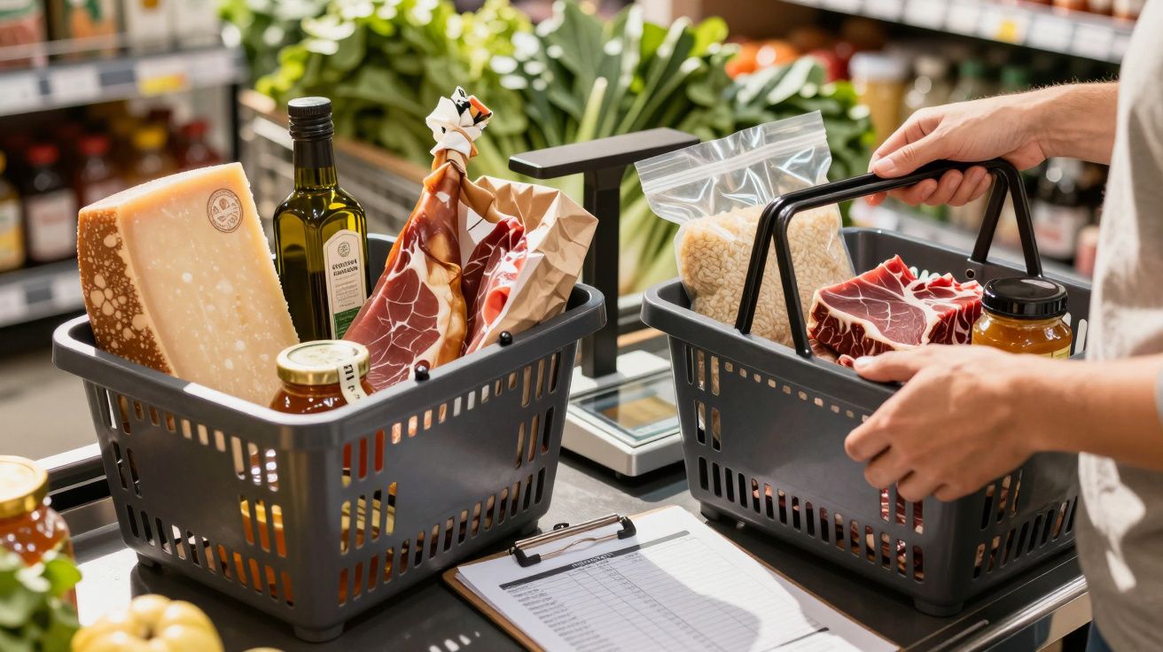 Două coșuri de cumpărături cu brânză, carne, ulei de măsline și alte produse alimentare la supermarket.