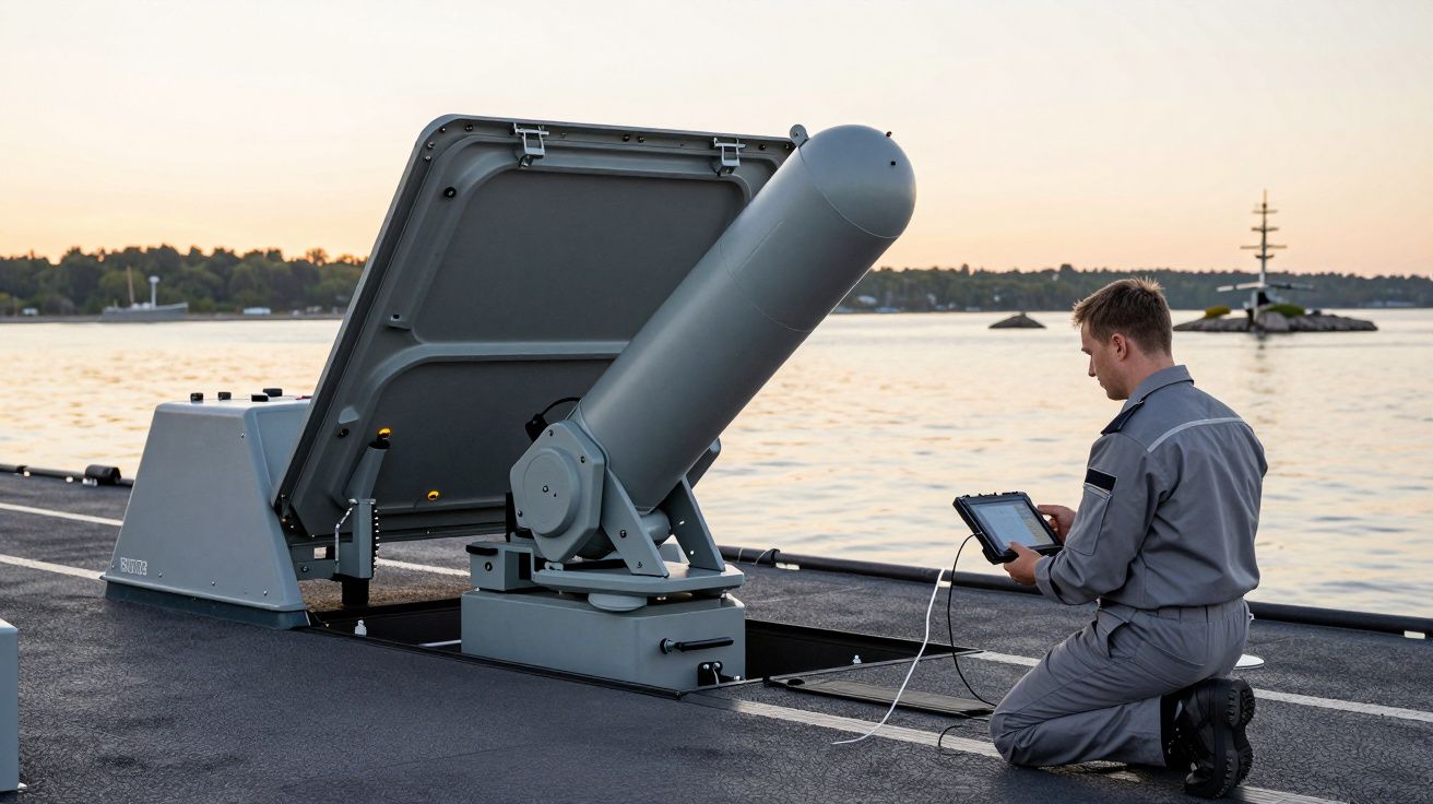 Bărbat în uniformă maritimă controlează un sistem militar pe o platformă lângă apă în timpul apusului.