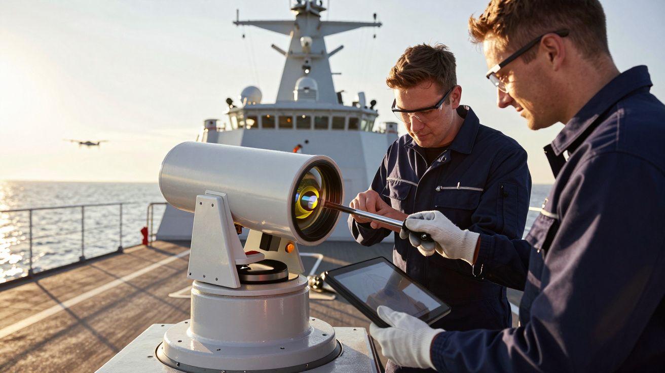 Doi bărbați lucrează la un dispozitiv tehnologic pe puntea unui vas, cu un drone zburând pe mare în fundal.