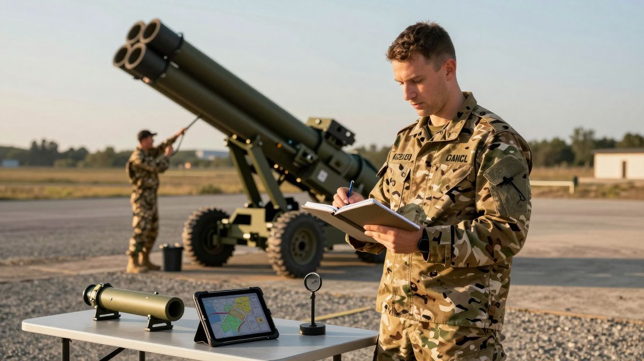 Soldat în uniformă camuflată scriind în carnet, alături de un obuzier și o masă cu echipament militar pe câmp deschis.