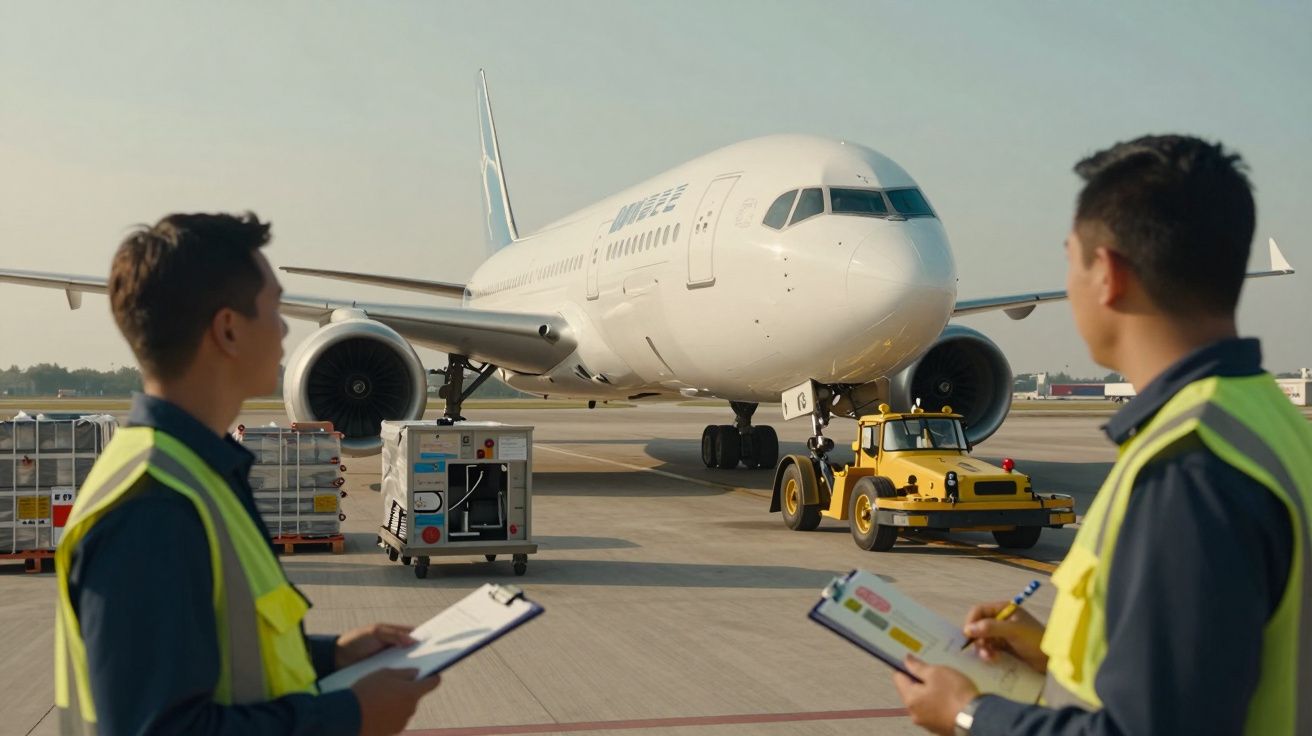 Avion pregătit pentru decolare pe pistă, cu doi lucrători în veste reflectorizante verificând documente.