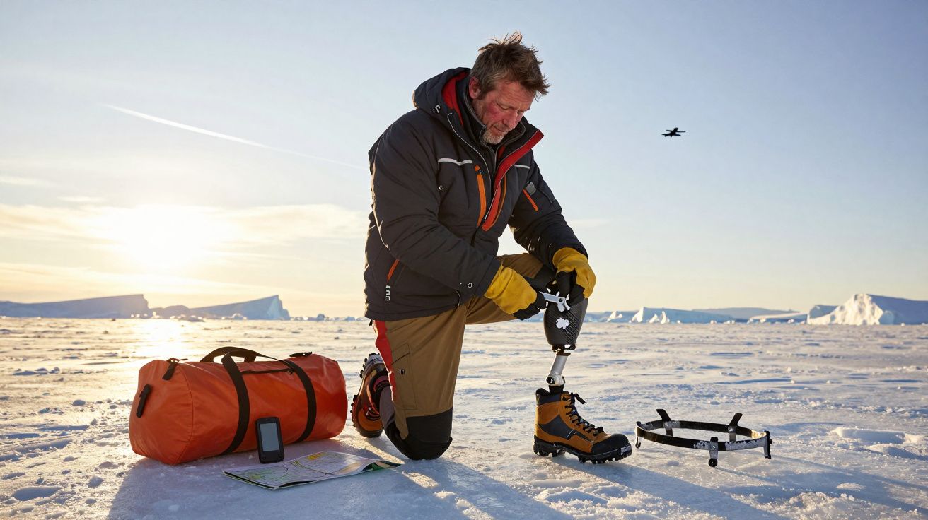 Bărbat îngenunchiat pe zăpadă, ajustând un picior protetic, cu un rucsac portocaliu în apropiere, peisaj înghețat în fundal.