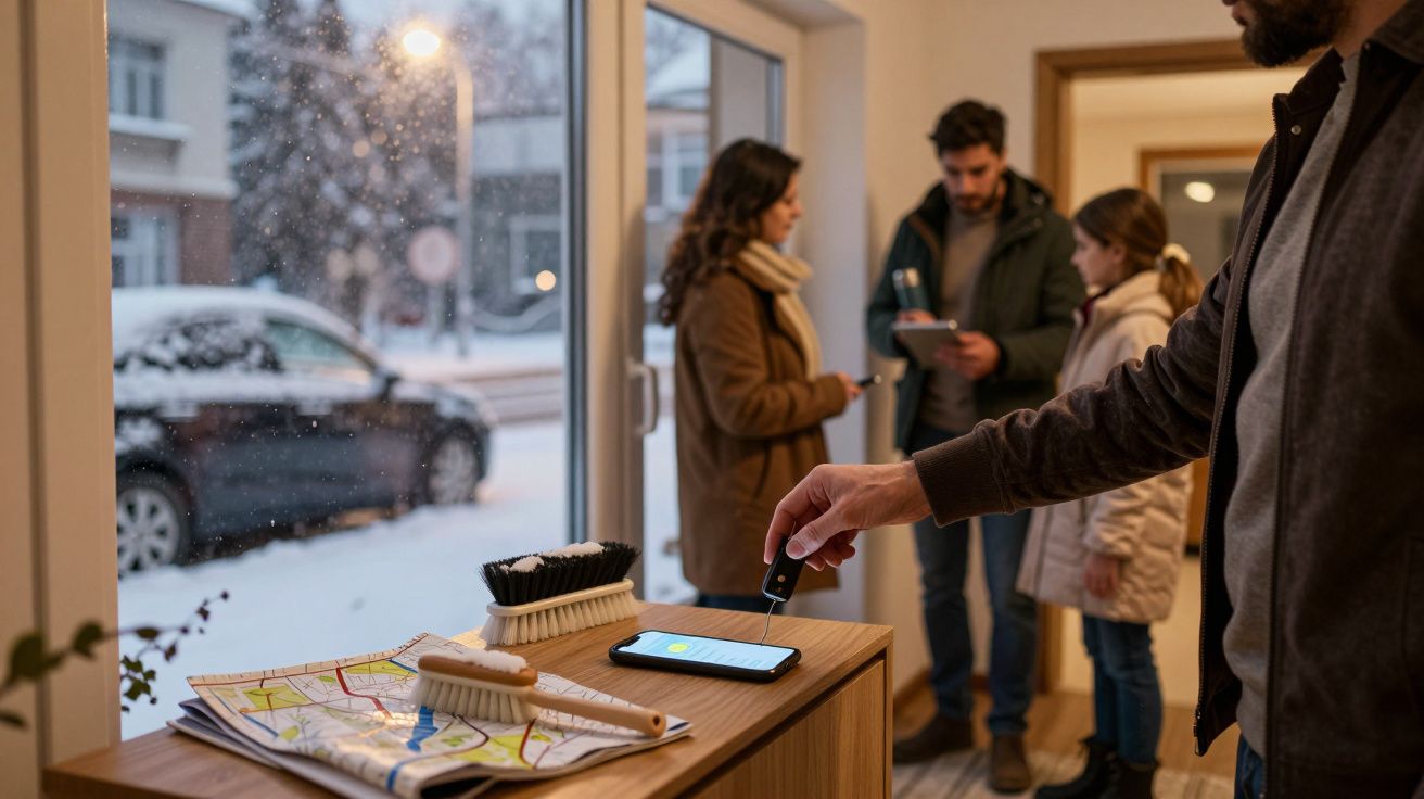 Persoană plătind cu cardul la un telefon pe un birou, cu o hartă și pensulă, în fundal un grup de oameni și o stradă înzăpezi