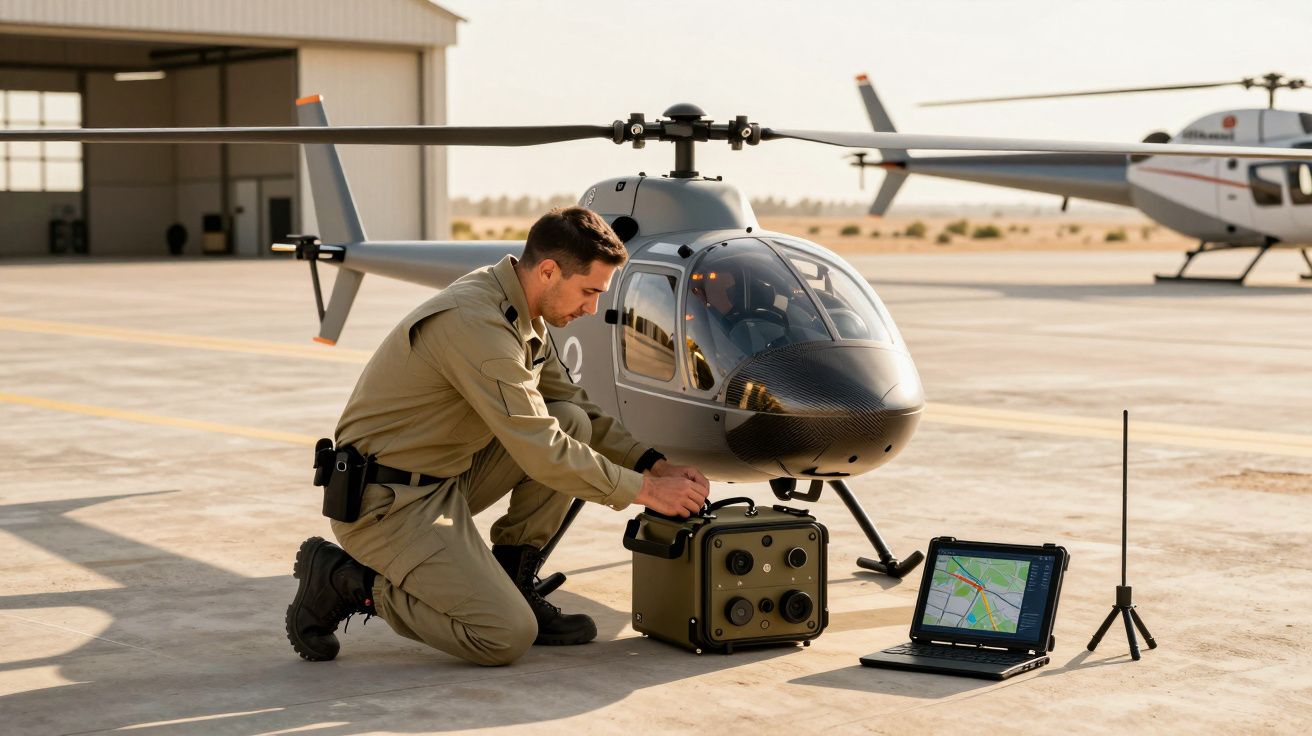 Bărbat lucrând la un elicopter mic pe o pistă, cu laptop și echipament de control lângă el.