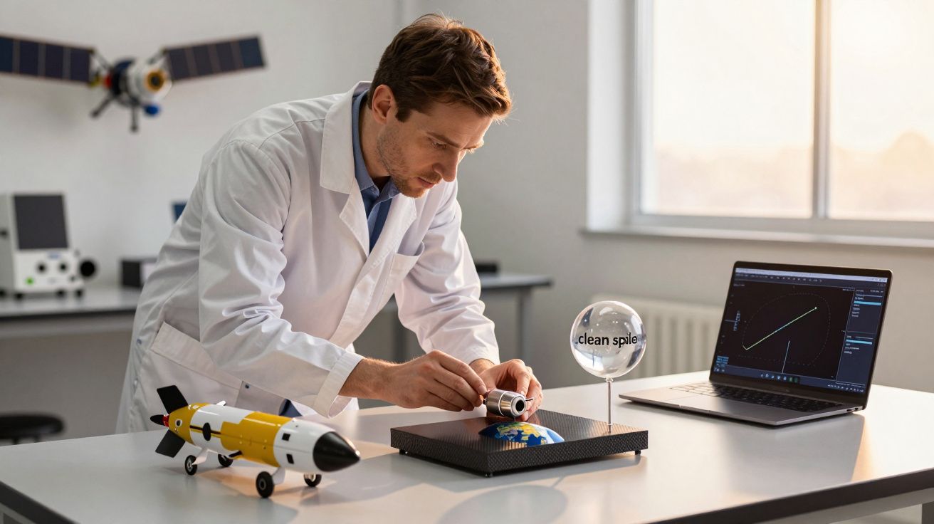 Bărbat în halat alb asamblând un model de rachetă la un birou, cu laptop deschis și glob pământesc mic.