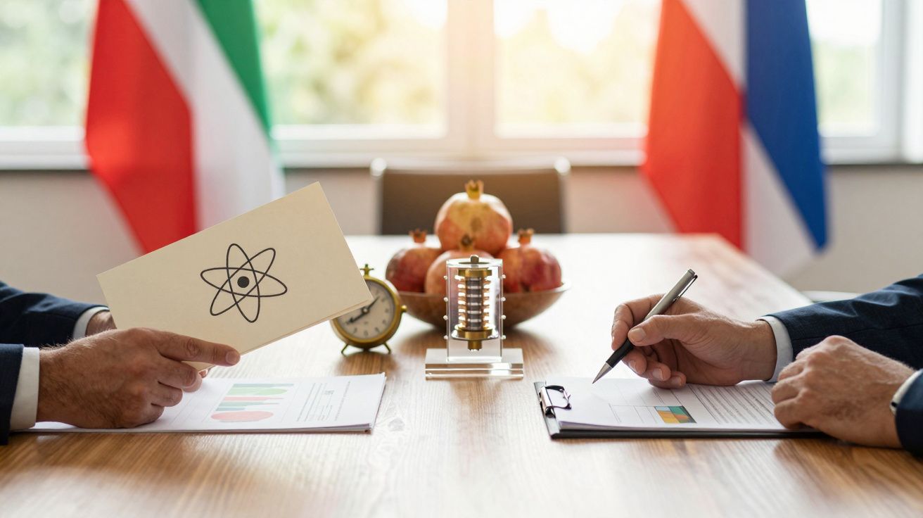 Două persoane discută la o masă cu steaguri în fundal, ținând hârtii și un simbol atomic.