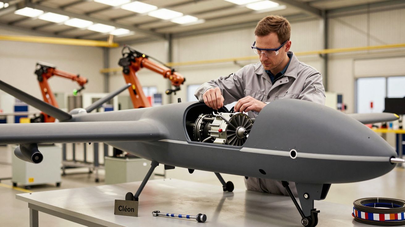 Bărbat lucrând la interiorul unui dron în laborator, purtând halat și ochelari de protecție.