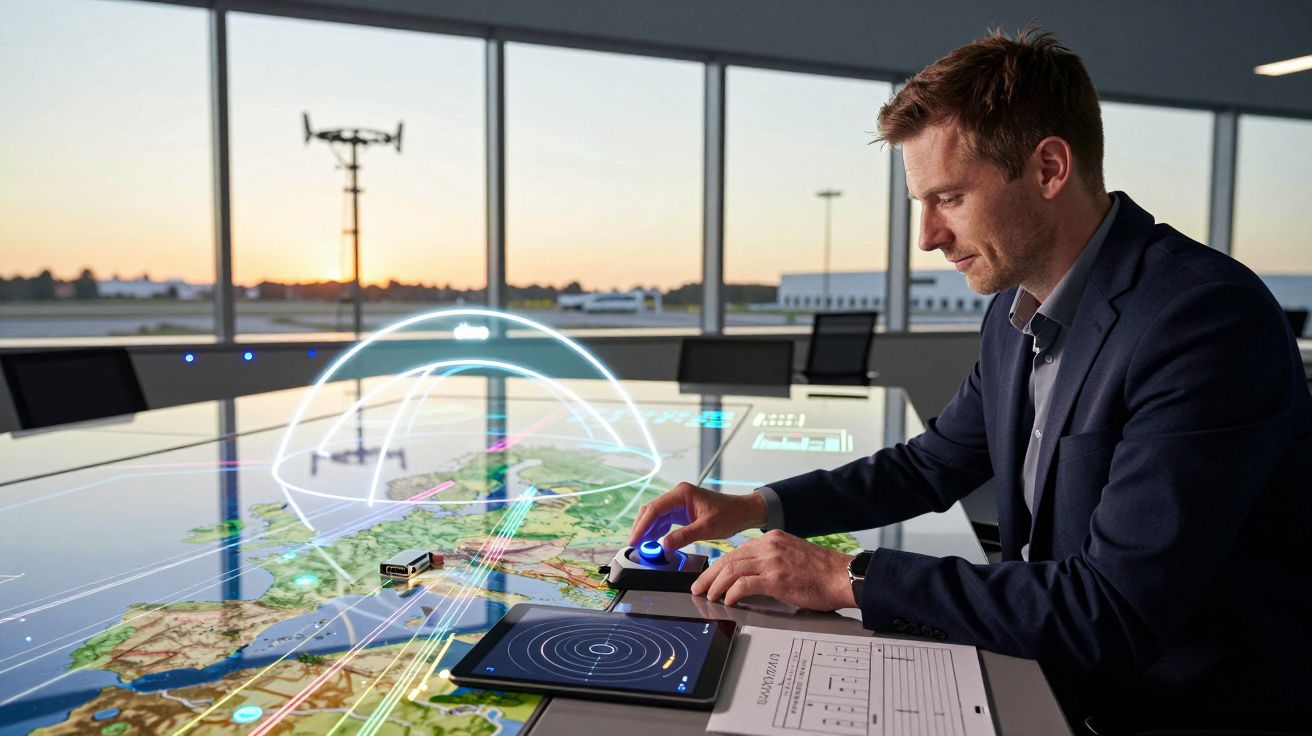 Bărbat operând o hartă digitală interactivă pe un ecran mare într-o sală de control modernă, la apus.