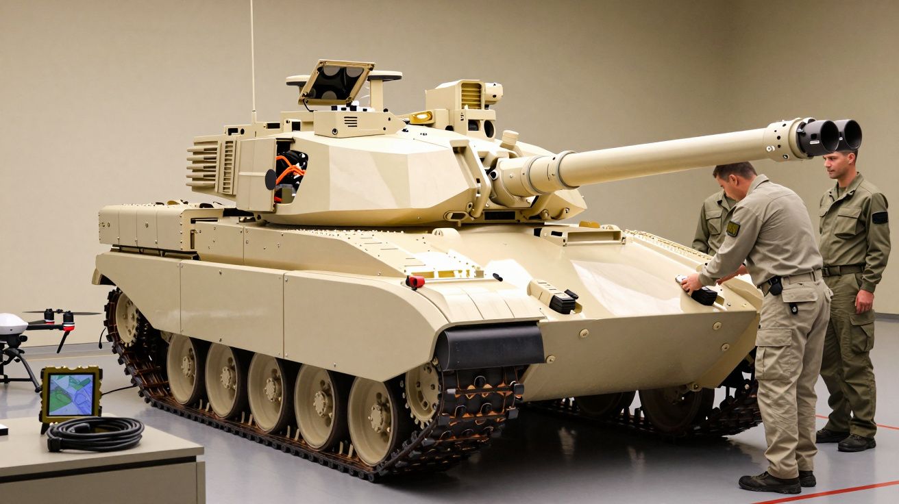 Tanc modern în camera de testare, cu trei bărbați în uniformă inspectând echipamentul.