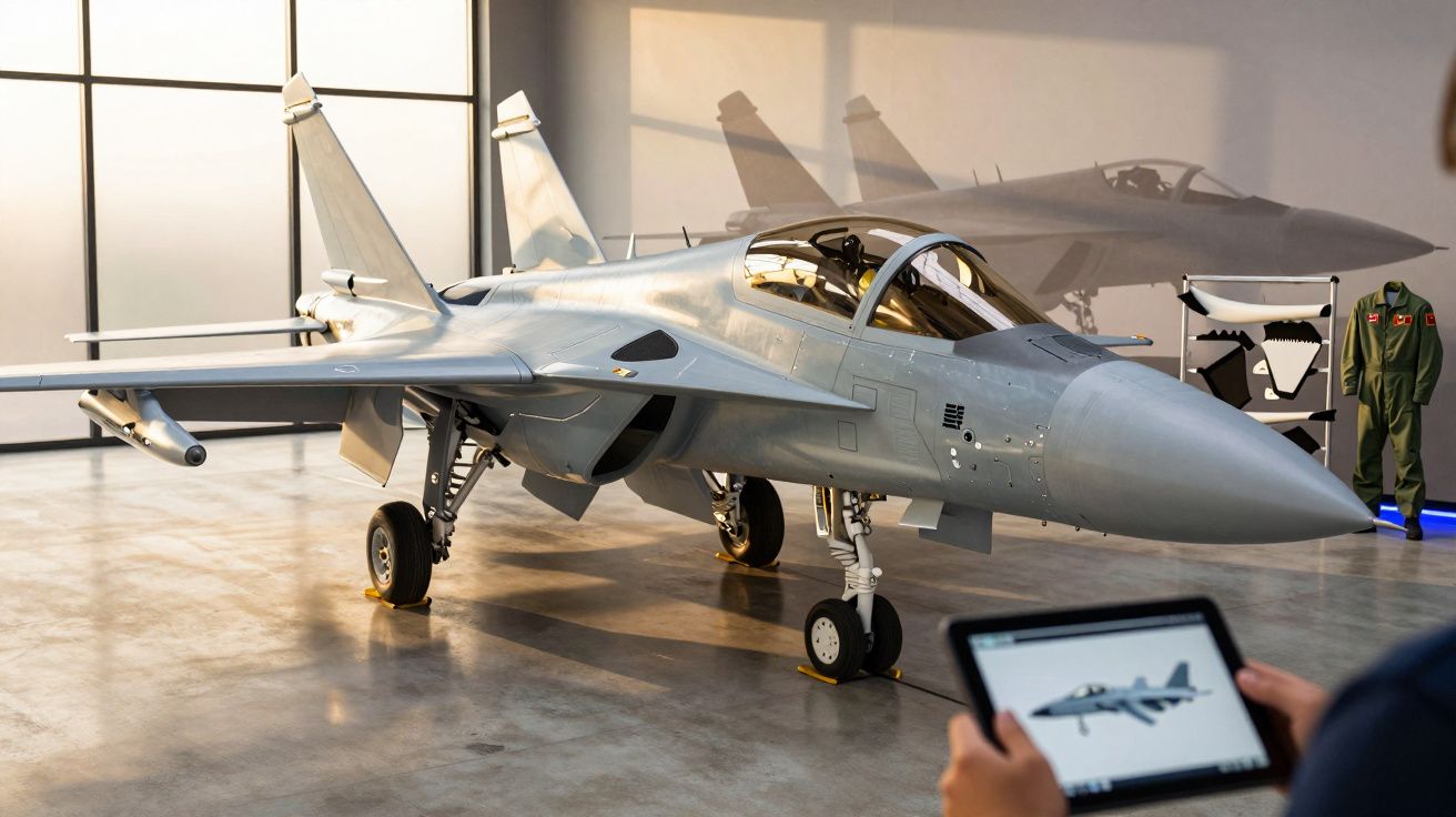 Avion de luptă parcat într-un hangar, cu un ecran digital în prim-plan afișând imaginea avionului.