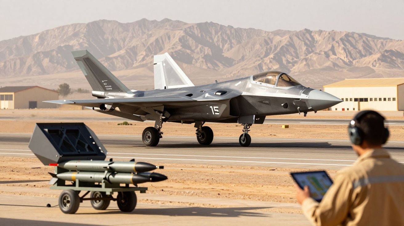 Un avion de luptă pe pistă, în spate munți și hangare, un tehnician cu tabletă în prim-plan.