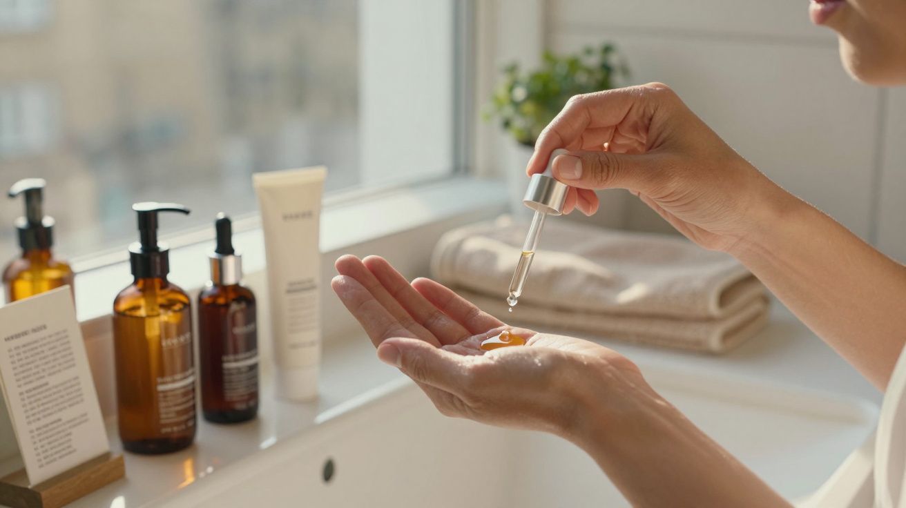 Mâini aplicând serum cu pipetă, produse cosmetice pe chiuvetă, prosop pe fundal.